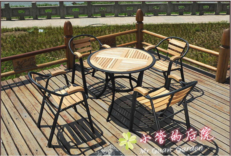 Giải trí ngoài trời đồ nội thất gỗ rắn tếch rèn sắt bảng và ghế patio cà phê ngoài trời thanh ban công bảng và ghế bộ bàn ngoài trời