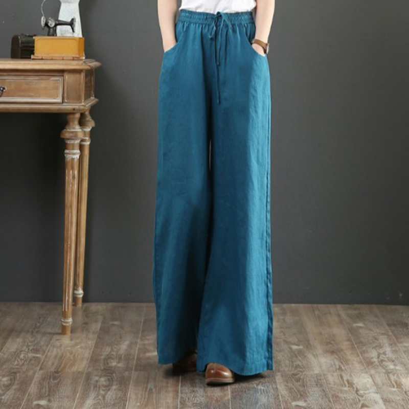 Clearance Export Women's Cotton and Linen Casual Straight-Leg Pants, High-Waisted with Drawstring, Drapey, Slimming, Wide-Leg, Floor-Length, Thin