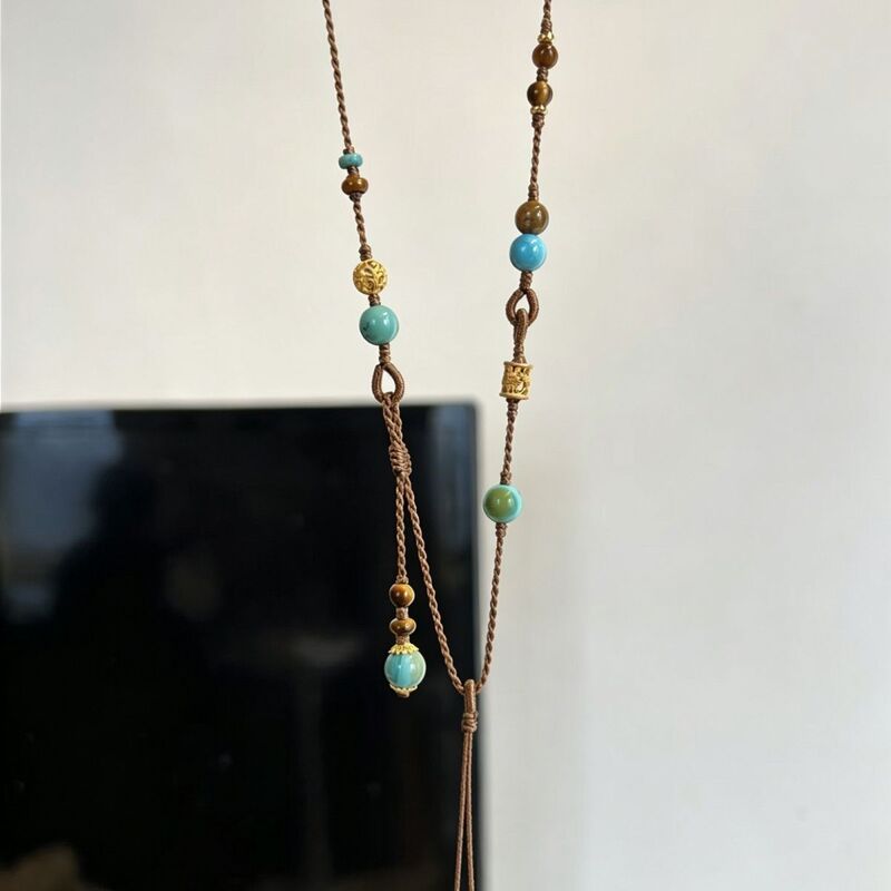 New Chinese-Style Caramel Turquoise Necklace Cord, Hand-Woven Retro National Style Turquoise and Jade Multi-Purpose Necklace Cord