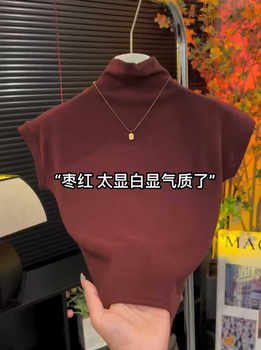 Maroon Half-High Collar Short-Sleeve Women's T-Shirt, Early Autumn New Style, Slim Fit, Slimming, Small Flutter Sleeves, Unique Inner Wear Top