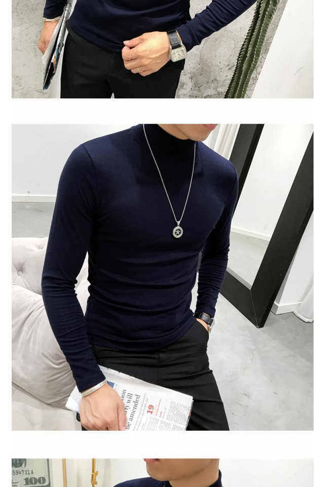 Mùa thu và mùa đông cổ áo màu rắn cổ áo nửa cổ cao nam áo thun dài tay thon nhỏ áo sơ mi mỏng để bắt áo cashmere mỏng áo thủy triều áo thun nam dài tay