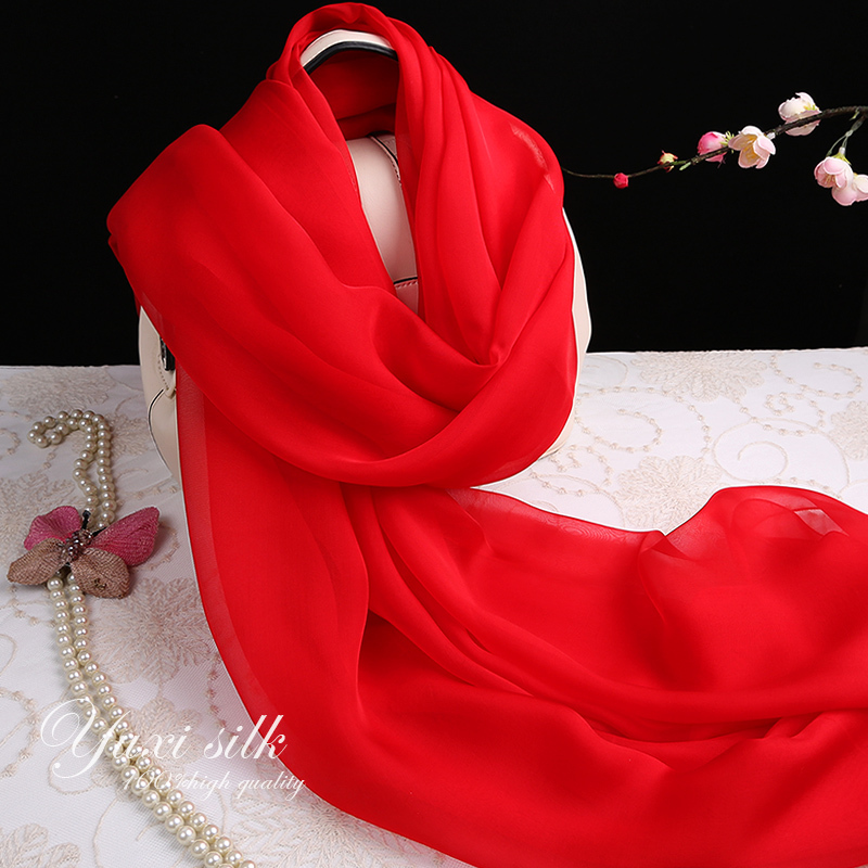 Bright Red Solid Color 100% Mulberry Silk Long Silk Scarf Shawl for Women, Suitable for Spring, Autumn, Winter, and Summer, Chinese Red
