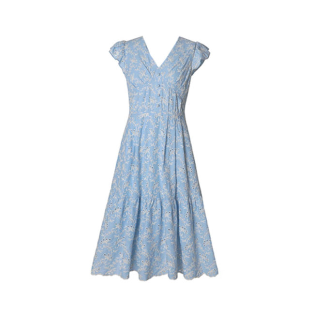 French tea break temperament blue embroidered floral dress women's summer small flying sleeves V-neck slim knee-length skirt