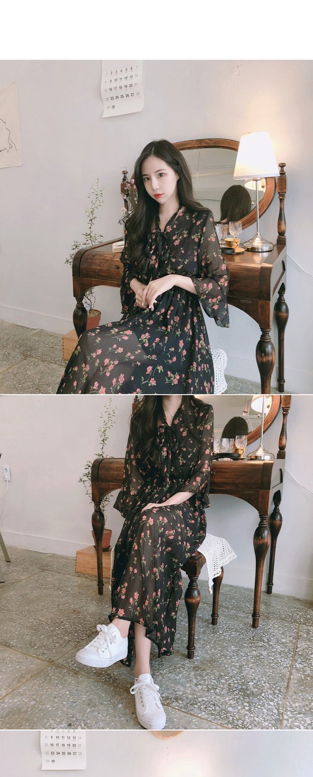 Mùa hè 2018 mới gió retro nhẹ nhàng phiên bản Hàn Quốc của loa đầm voan hoa 7 điểm ở phần dài của eo chân váy đen
