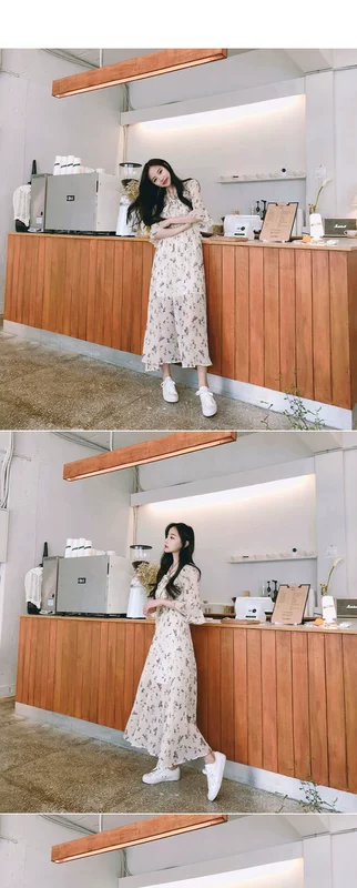 Mùa hè 2018 mới gió retro nhẹ nhàng phiên bản Hàn Quốc của loa đầm voan hoa 7 điểm ở phần dài của eo áo đầm trung niên