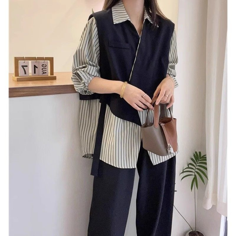 Summer Style Elegant French Long-Sleeve Shirt with Striped Design and Fake Two-Piece Design for Plus-Size Women 150kg Large Size Women's Shirt Summer Style Elegant French Long-Sleeve Shirt with Striped Design and Fake Two-Piece Design for Plus-Size Women 150kg Large Size Women's Shirt