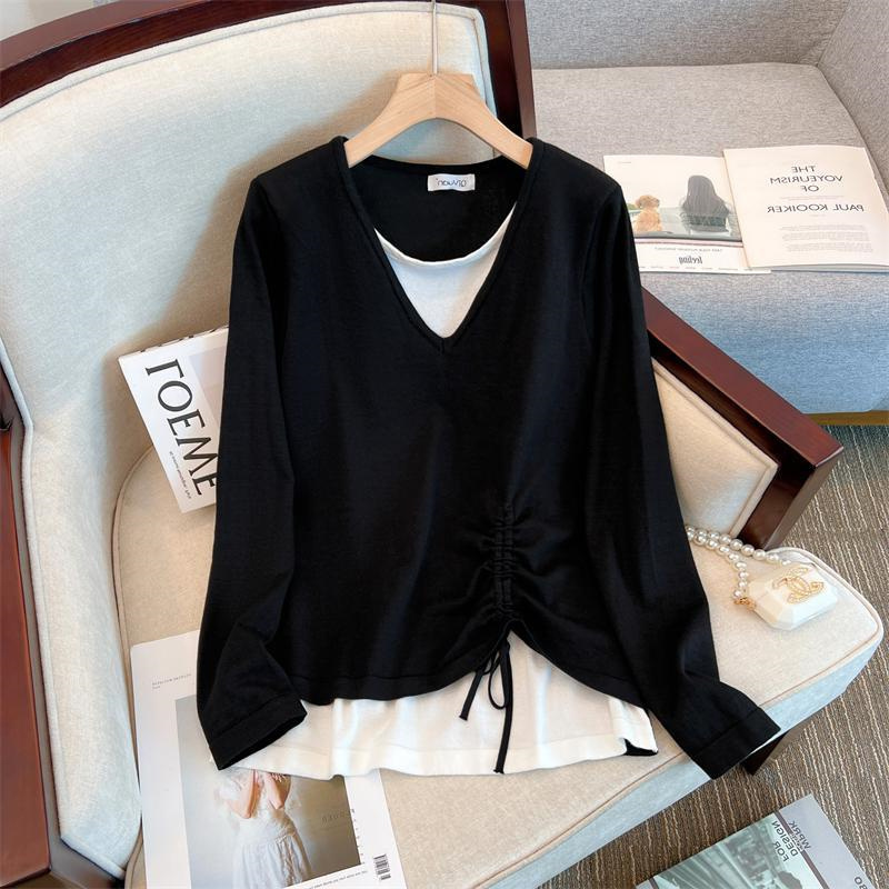 Early Autumn New Style Mid-Length Spliced Fake Two-Piece Striped Design Plus-Size Top T-Shirt for Women 1.0-150kg Early Autumn New Style Mid-Length Spliced Fake Two-Piece Striped Design Plus-Size Top T-Shirt for Women 1.0-150kg