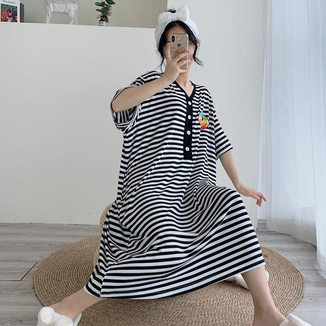 Large size striped V-neck short-sleeved T-shirt long skirt pajamas women's summer