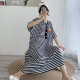 Large size striped V-neck short-sleeved T-shirt long skirt pajamas women's summer