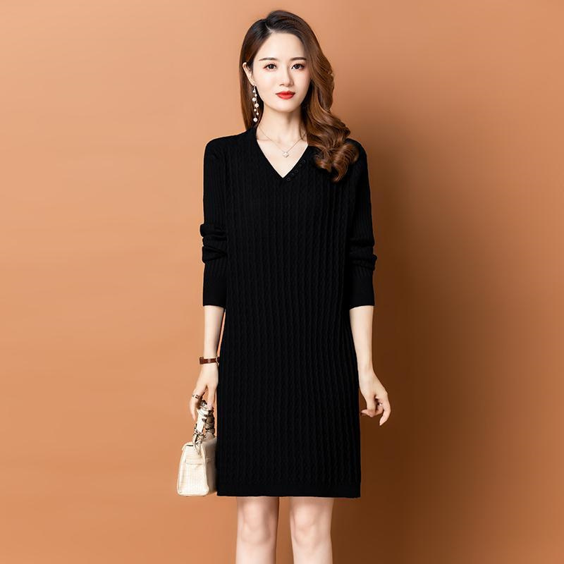 Plus-Size Sweater Dress for Women, V-Neck, Loose Fit, Tummy-Concealing, Versatile Knit Dress