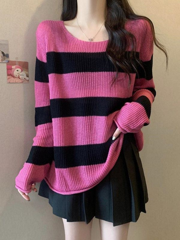French-Style Lazy Chic Gentle Color-Blocking Striped Design Plus-Size Sweater for Women in Autumn and Winter 150kg Extra-Large Knit Sweater