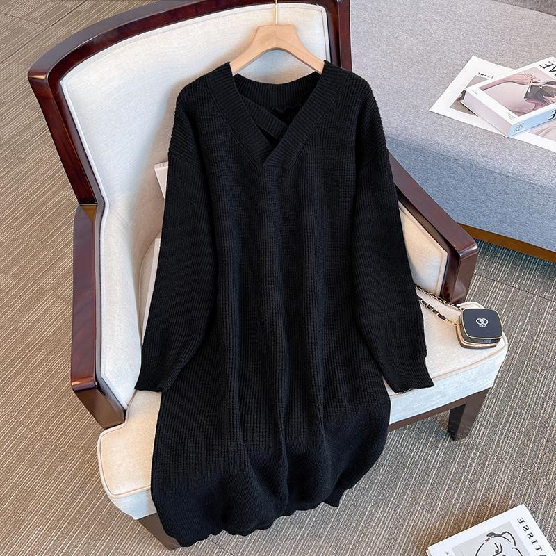 Autumn and Winter New Style Plus-Size Women's 1.0-150kg Extra-Large Mid-Length V-Neck Slimming Knit Sweater Versatile Dress