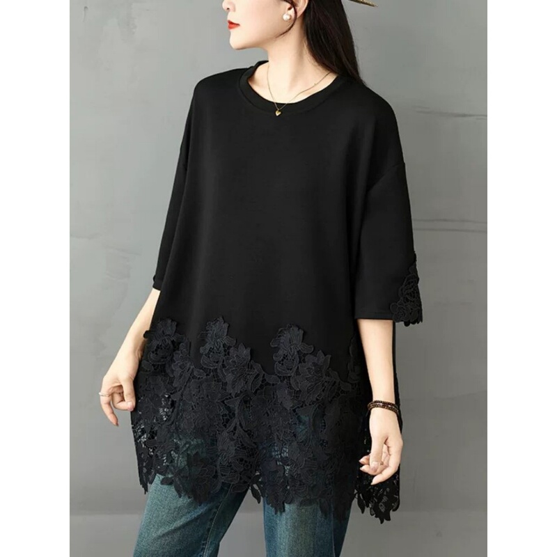 Korean-Style Lace Hem Patchwork Lace T-Shirt, Mid-Length, Hip-Covering, Slimming, Round Neck, 150kg Women's Top, Plus Size