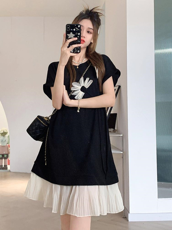 150kg Extra Large Size Dress for Women, New Summer Style Chiffon Splicing, Elegant Three-Dimensional Flowers, Loose Short-Sleeved T-Shirt Dress 150kg Extra Large Size Dress for Women, New Summer Style Chiffon Splicing, Elegant Three-Dimensional Flowers, Loose Short-Sleeved T-Shirt Dress
