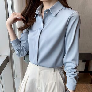 Satin Blue Shirt for Women, Long-Sleeved Professional Formal Wear, Spring and Autumn Inner Layer, Elegant Top, Light Luxury, High-End Interview Shirt