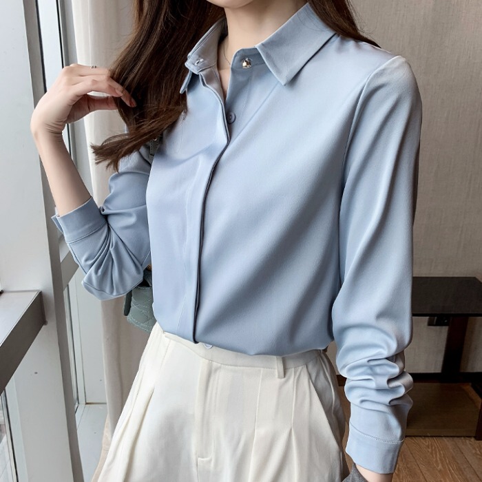 Satin Blue Shirt for Women, Long-Sleeved Professional Formal Wear, Spring and Autumn Inner Layer, Elegant Top, Light Luxury, High-End Interview Shirt