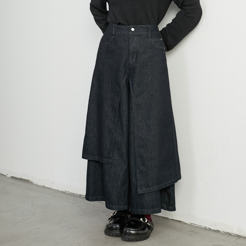 Inkday Japanese-Style Light Retro Denim Skirt Pants for Women, Elastic Waist, Patchwork Skirt Panel, Hip-Covering, Slimming, Versatile Casual Pants Inkday Japanese-Style Light Retro Denim Skirt Pants for Women, Elastic Waist, Patchwork Skirt Panel, Hip-Covering, Slimming, Versatile Casual Pants