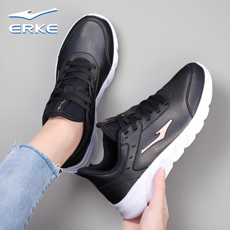 Hongxing Erke Women's Leather Waterproof Casual Shoes 2026 New Black Cushioning Running Shoes Lightweight Women's Shoes