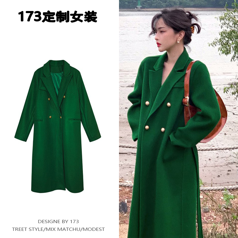 Mid-Length Woolen Coat, Spring and Autumn Hong Kong Style, Retro Green Wool Double-Sided Fabric, Belted Loose Coat for Women