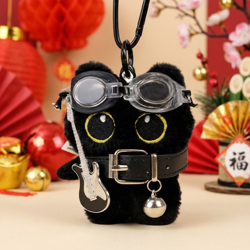Japanese Songyi Genuine New Guitar Big-Eyed Black Cat Bag Pendant Plush Toy Keychain Birthday Gift for Women