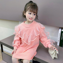 66 Princess girl T-shirt childrens spring coat long sleeve medium long-length compassionate dress loose foreign style Korean pink spring and autumn