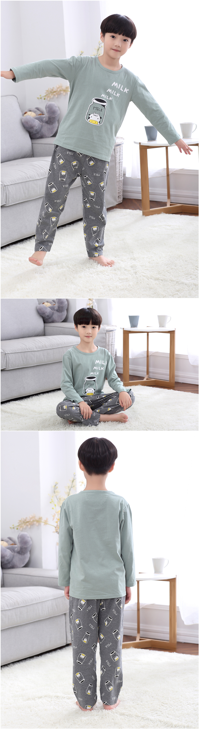 Mùa xuân và mùa thu cotton dài tay đồ ngủ thanh niên học sinh trung học cơ sở cậu bé lớn cậu bé kích thước nhỏ hoạt hình nhà dịch vụ phù hợp quần áo ngủ nam