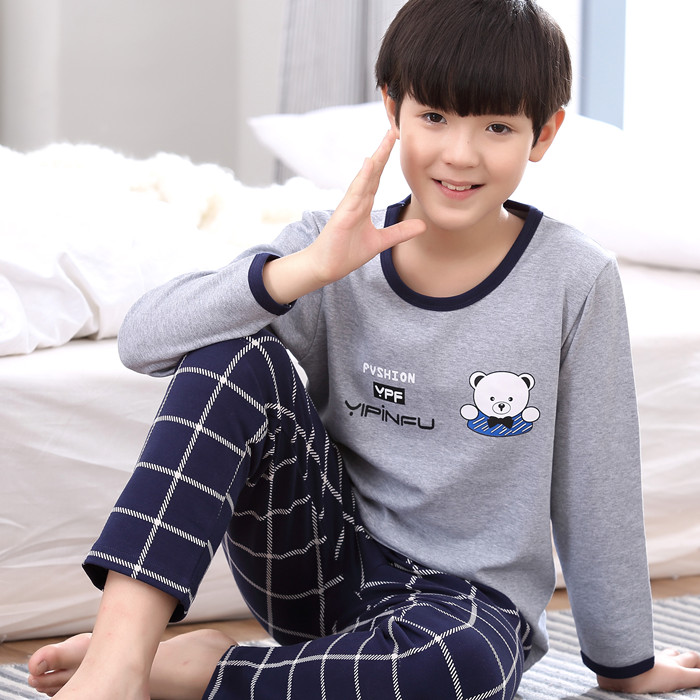 Chàng trai Pyjama 11-13-15 tuổi mùa hè dài tay bộ mỏng bông cotton vừa cậu bé bé trai mùa thu.