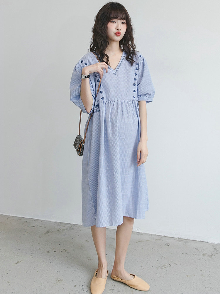 Pregnancy Maternity Dress Summer Tide Hot Moms Fresh Medium Long Dress Summer Dress Foreign Fashioned Out Fashion stylish Striped Summer Dress