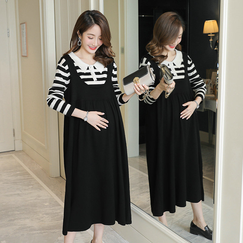 Maternity Wear Autumn Fashion Long Sleeve Loose Striped Knit Two Piece Dress Autumn Outing Maternity Suit