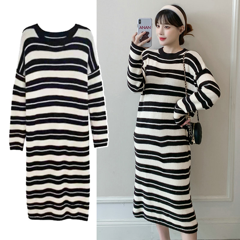 Pregnant women dress autumn 2021 new sweater dress Han edition pregnant women dress fashion loose striped dress