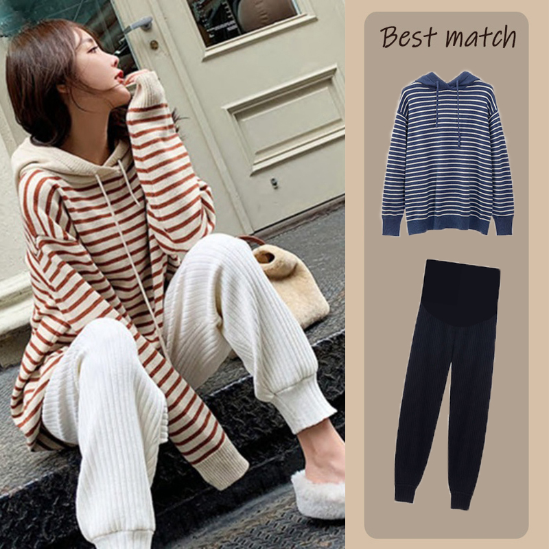 Pregnant women's autumn clothing suit 2021 new out of fashion Stylish Long-sleeved Striped Knit Sweater Vest Fall Gestation