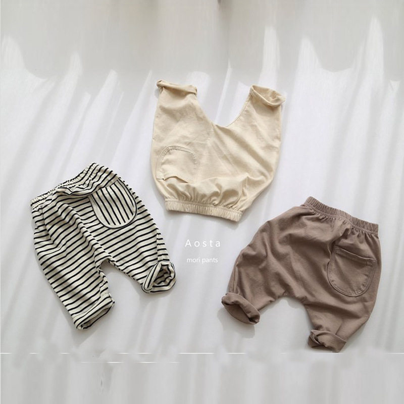 Korean version of spring and autumn clothes infants and young children striped trousers pure cotton leggings male and female baby big PP pants go out to wear pants pants