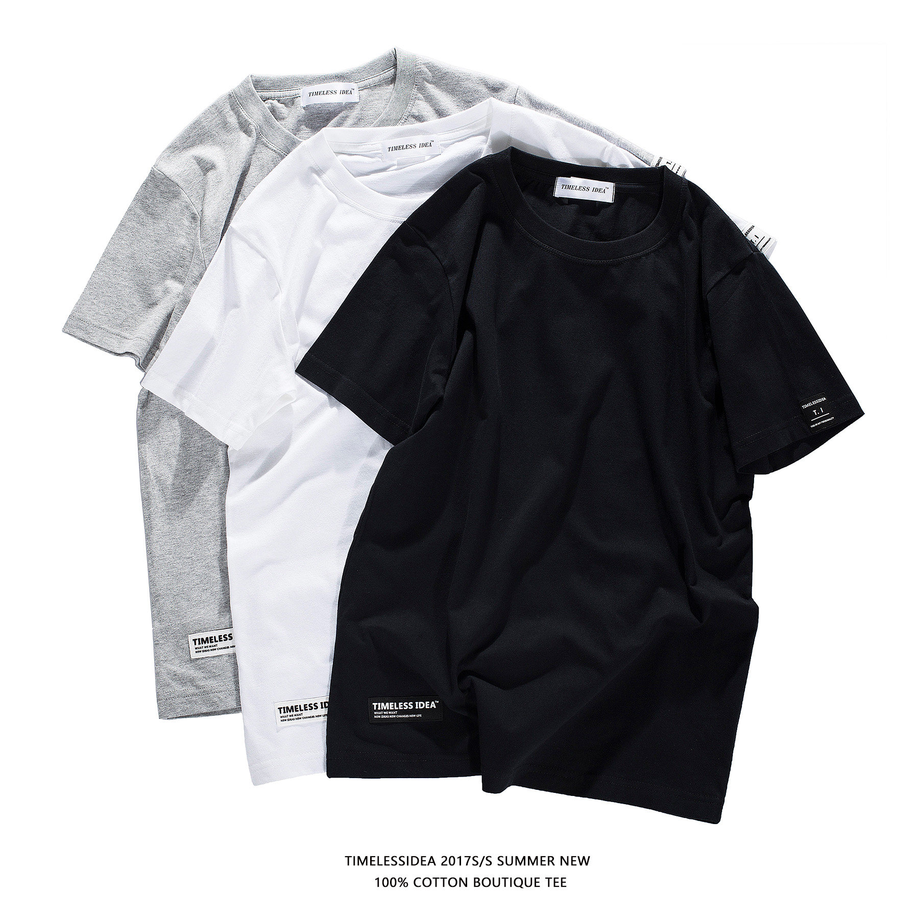 原创潮牌TI 2017S/S 夏季高品质纯棉纯色圆领短袖T恤打底衫男装潮