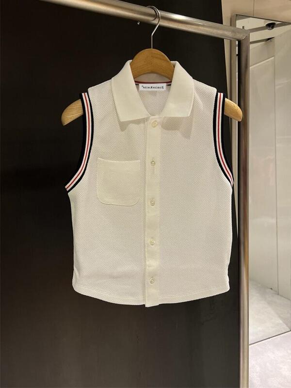 Fashionable Polo Collar Slim Sleeveless Shirt T-Shirt for Women 2024 Summer New White Lapel Camisole Top