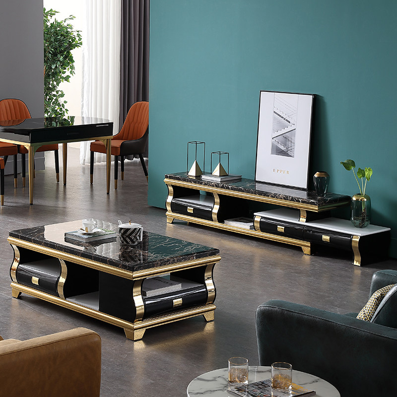 Light luxury stainless steel marble coffee table modern titanium small apartment stretch living room coffee table TV cabinet combination