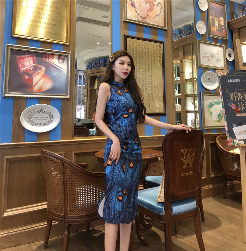 VK旗艦店 韓國復古盤扣旗袍孔雀高腰無袖洋裝