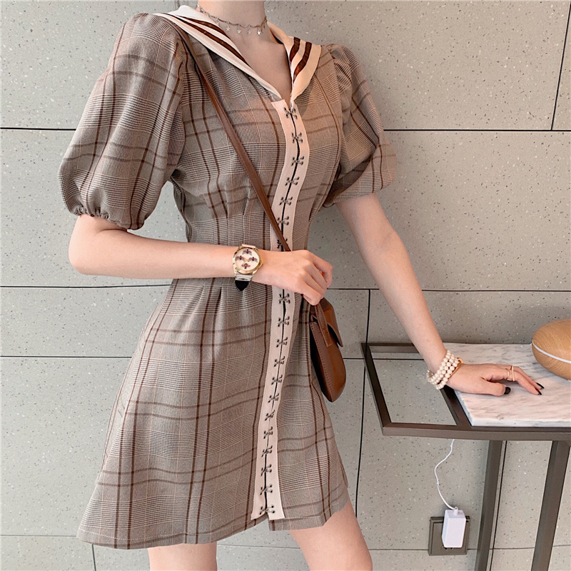 VK旗艦店 韓國學院風海軍領水手服茶裙短袖洋裝