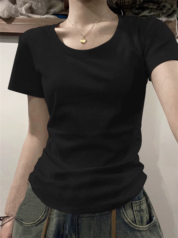 Летняя укороченная sexy футболка США с коротким рукавом, slim fit, облегающая