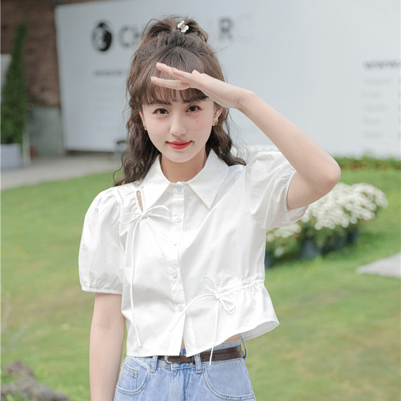 Trendy Drawstring Short White Shirt for Women, Unique Puff Short Sleeves, Stylish Polo Collar, Chic Top for Summer
