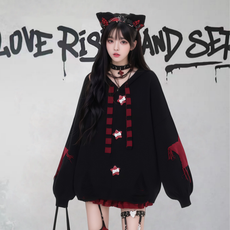 Subculture Star-Striped Rabbit Ear Hooded Sweater for Women, Autumn and Winter, Black and Red, Lazy, Loose, Soft Knit Cardigan Jacket