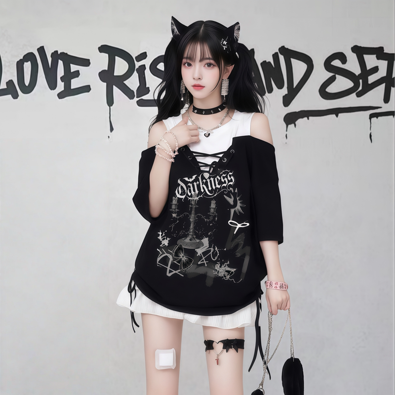 Subculture Bow-Tie Strap Off-Shoulder Short-Sleeve T-Shirt for Women, Summer American Style, Loose and Slimming, Y2K Hot Girl Top, Fake Two-Piece