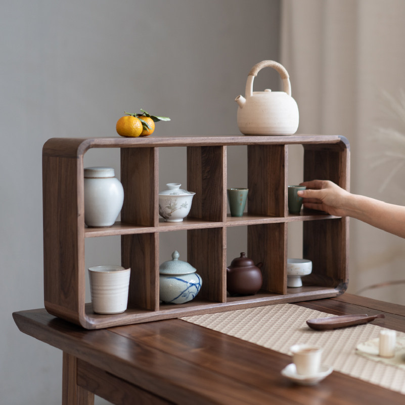 Nine-room real wood shelve table top free of paint black walnut wood tea home Zen Serve with multi-treasure trog shelf