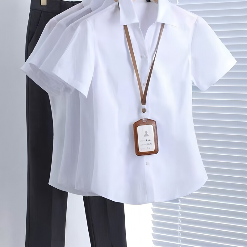 Short-Sleeved Shirt for Women, Professional Attire, White V-Neck Shirt, Fashionable Workwear, Slim Fit, Wrinkle-Resistant, High-End Formal Wear, Elegant Short-Sleeved Shirt for Women, Professional Attire, White V-Neck Shirt, Fashionable Workwear, Slim Fit, Wrinkle-Resistant, High-End Formal Wear, Elegant