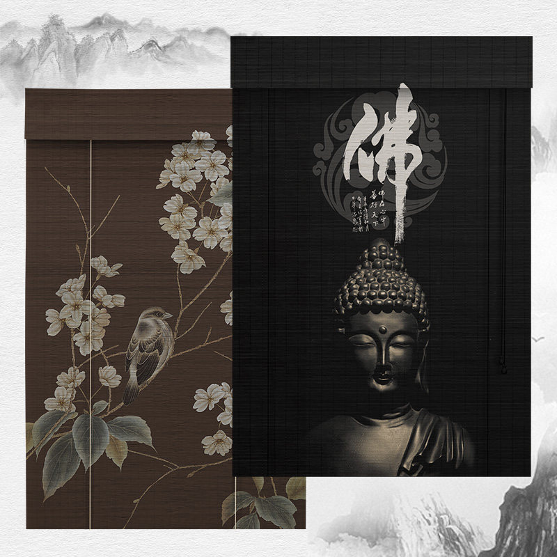 Zen retro bamboo curtain curtain roller shutter lifting bamboo curtain Buddha Hall partition decorative curtain printed bamboo curtain hanging painting