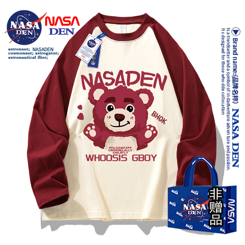 NASA Co-Name Herbst und Winter neues T-Shirt aus amerikanischer Baumwolle für Männer und Frauen lose Raglan-Nähte Bottom ing Top