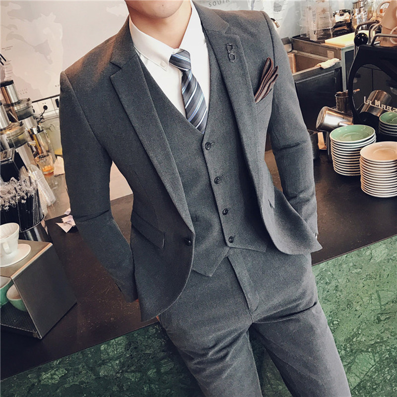 Men's suit three-piece suit Business casual professional formal Ruffian handsome suit Men's groom wedding dress summer