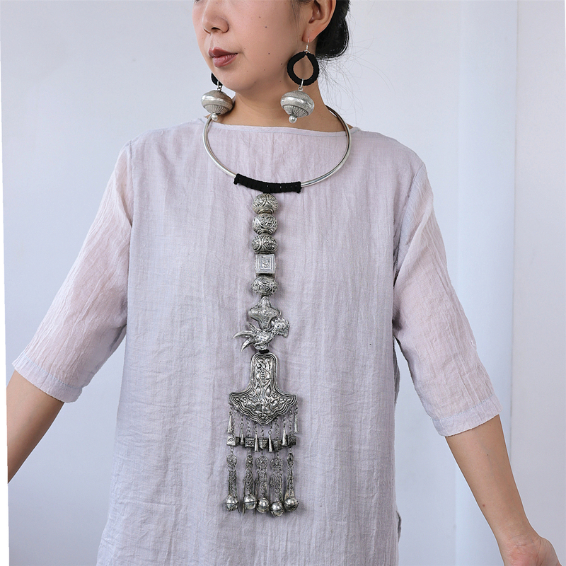 Original Design Retro Ethnic Style Miao Silver Choker for Women, Long Tassel Pendant, Braided Rope Chain, Personalized Hanging Accessory 27 Original Design Retro Ethnic Style Miao Silver Choker for Women, Long Tassel Pendant, Braided Rope Chain, Personalized Hanging Accessory 27