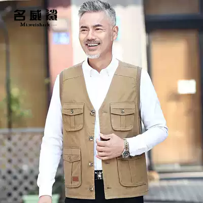 Middle-aged pure cotton men's spring and summer thin section large size plus fat vest vest multi-pocket multi-pocket fishing vest dad outfit