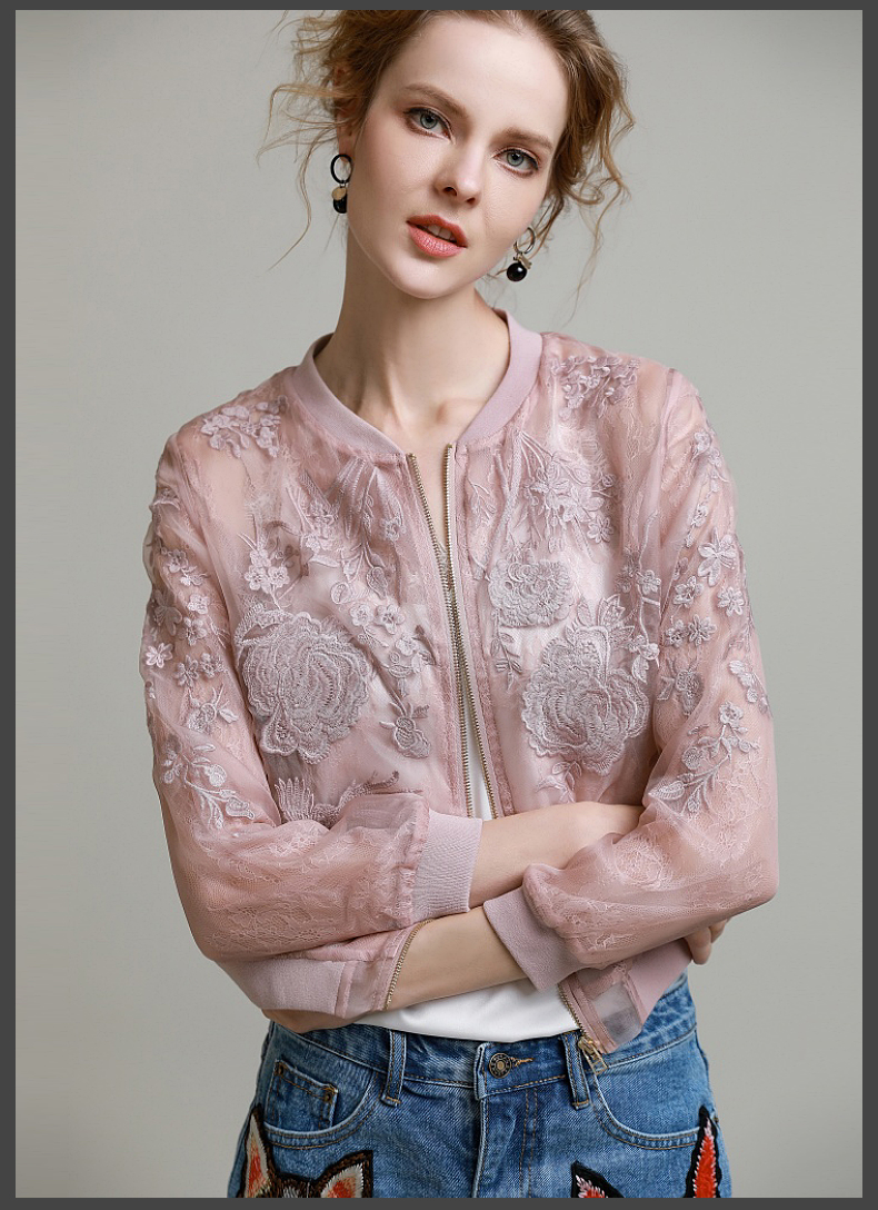 Phụ nữ tuyệt đẹp organza ren openwork thêu lụa dâu lụa áo khoác ngắn đồng phục bóng chày áo khoác mùa hè và mùa thu shop áo khoác nữ hàn quốc
