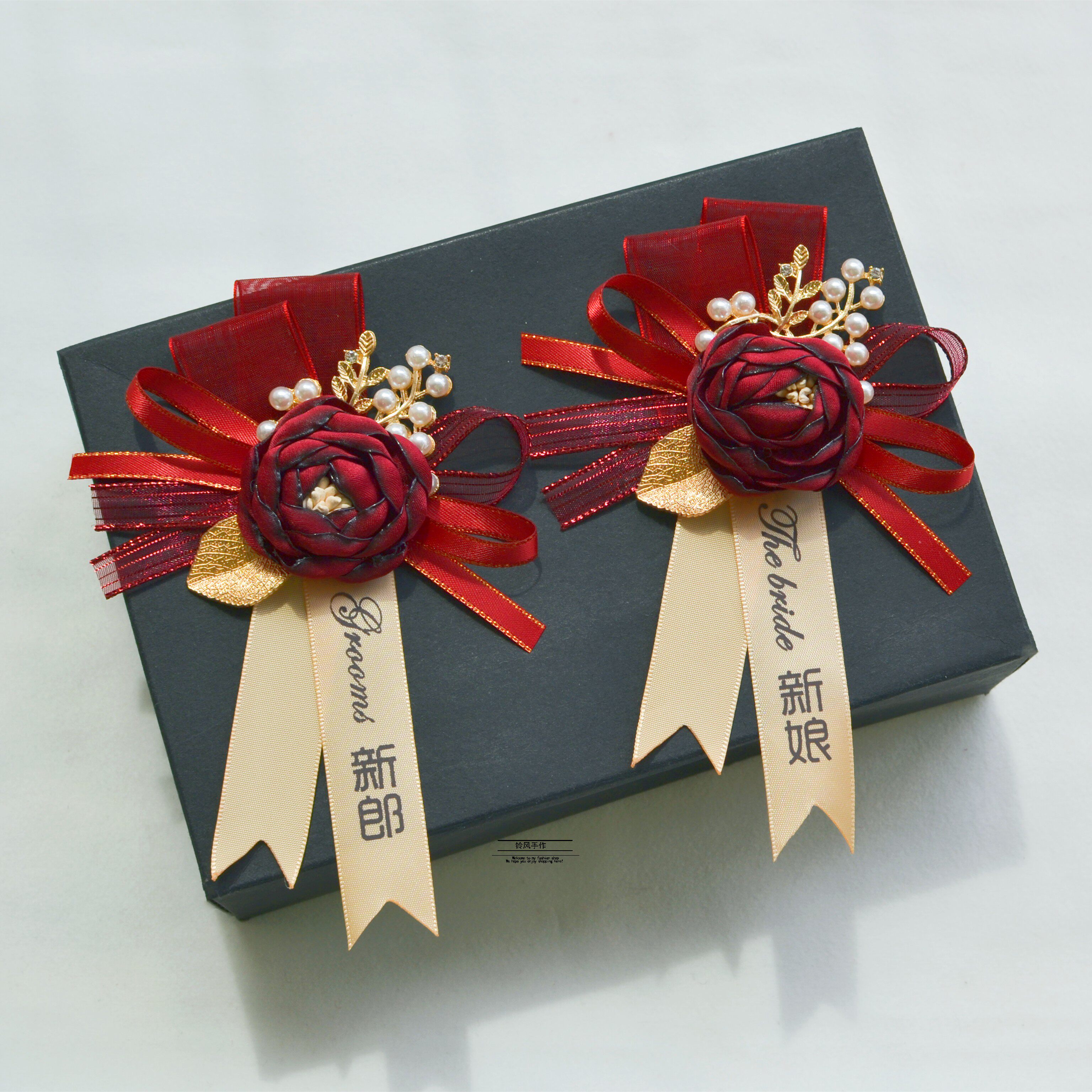 Korean flower bud father mother groom bride corsage wedding corsage wedding VIP welcome guest wine red pin